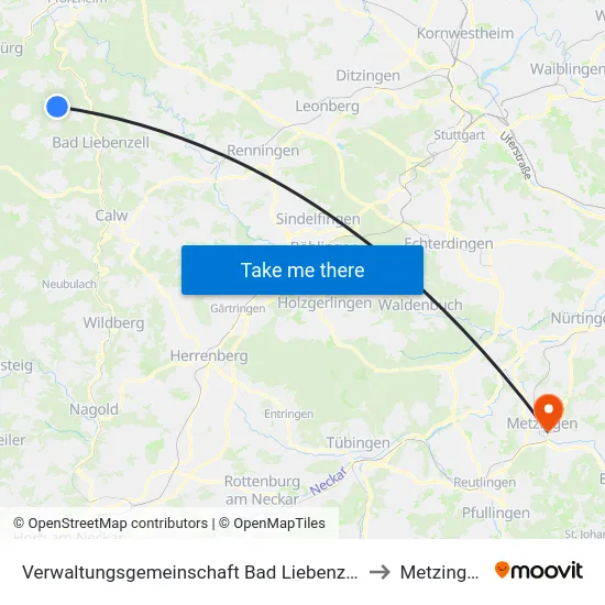 Verwaltungsgemeinschaft Bad Liebenzell to Metzingen map