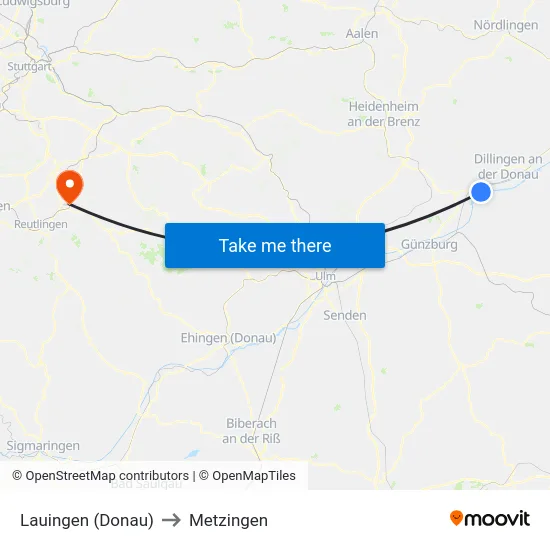 Lauingen (Donau) to Metzingen map