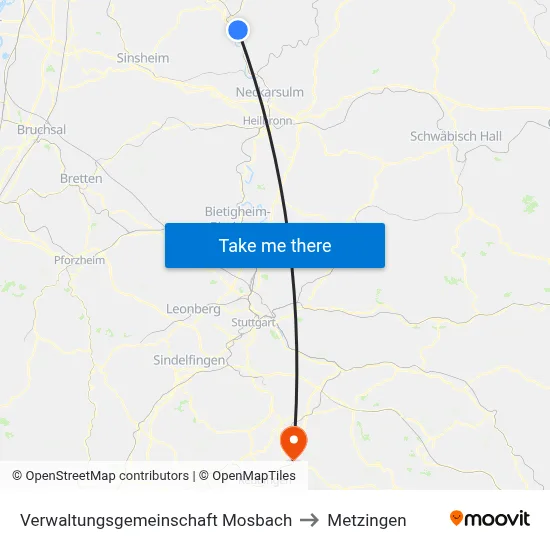 Verwaltungsgemeinschaft Mosbach to Metzingen map