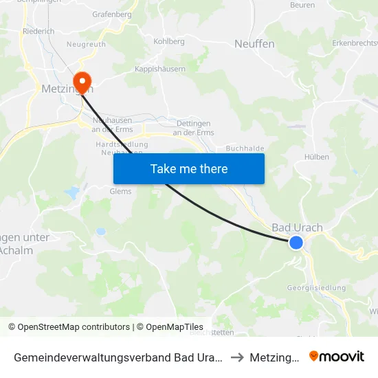 Gemeindeverwaltungsverband Bad Urach to Metzingen map