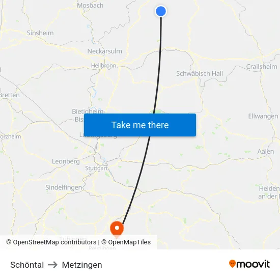 Schöntal to Metzingen map