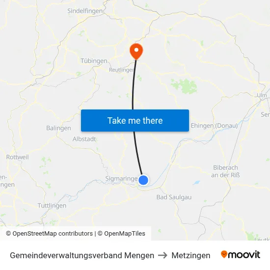 Gemeindeverwaltungsverband Mengen to Metzingen map