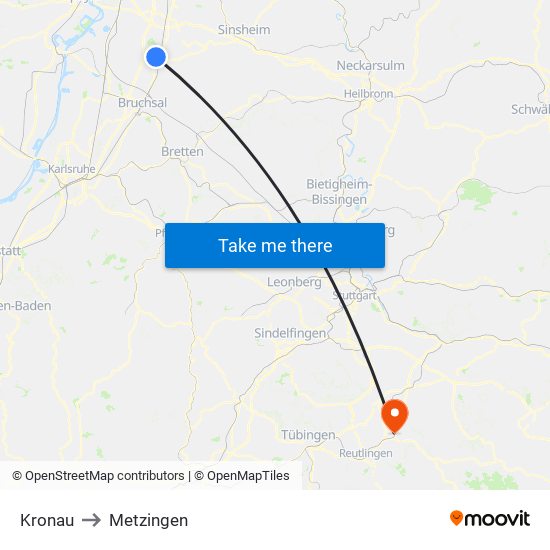 Kronau to Metzingen map