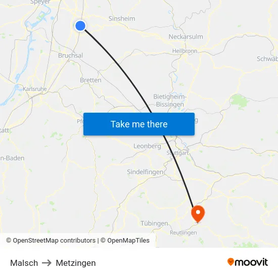 Malsch to Metzingen map