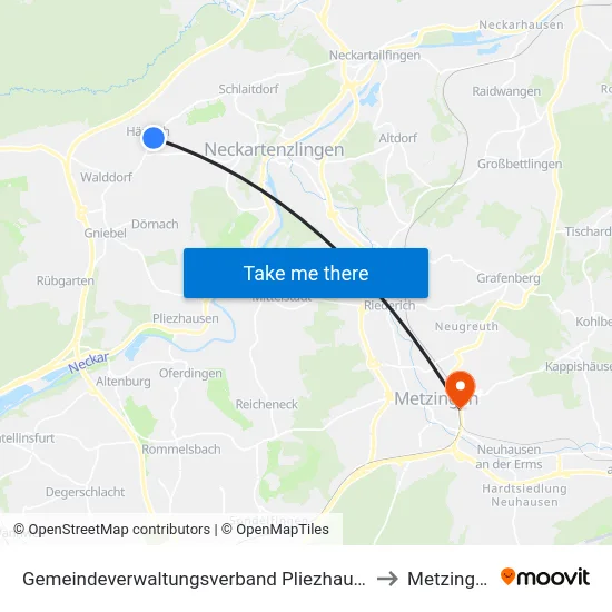Gemeindeverwaltungsverband Pliezhausen to Metzingen map