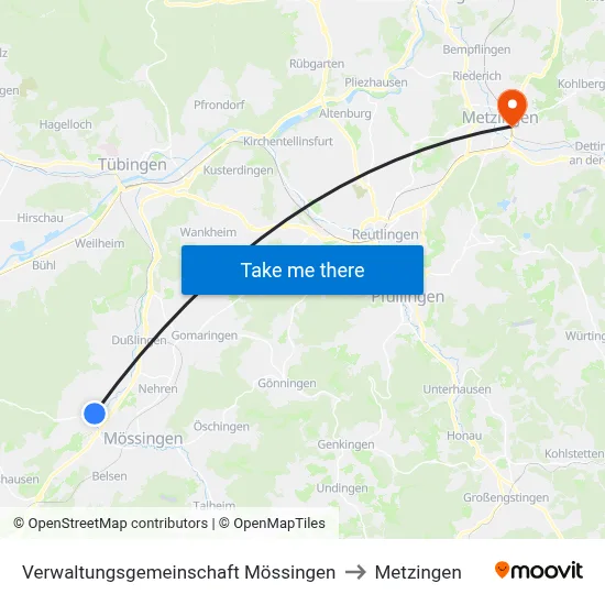 Verwaltungsgemeinschaft Mössingen to Metzingen map