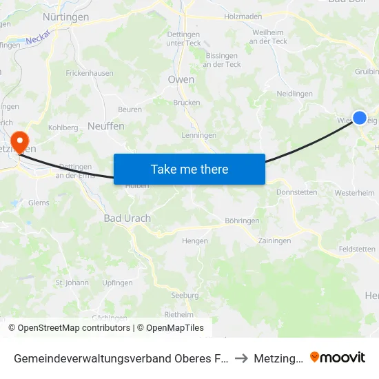 Gemeindeverwaltungsverband Oberes Filstal to Metzingen map