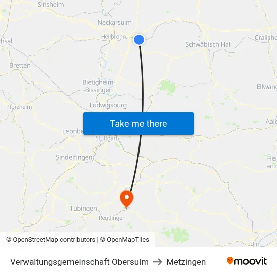 Verwaltungsgemeinschaft Obersulm to Metzingen map