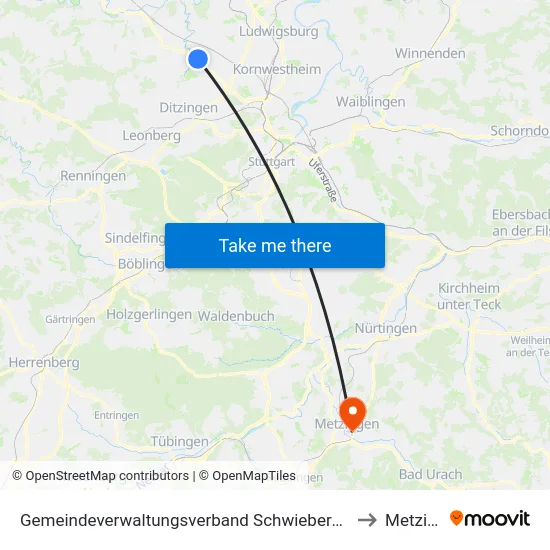 Gemeindeverwaltungsverband Schwieberdingen-Hemmingen to Metzingen map