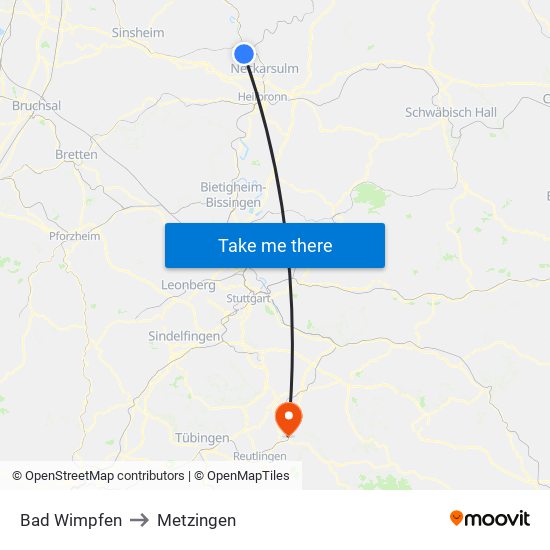 Bad Wimpfen to Metzingen map