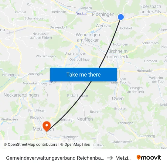 Gemeindeverwaltungsverband Reichenbach An Der Fils to Metzingen map