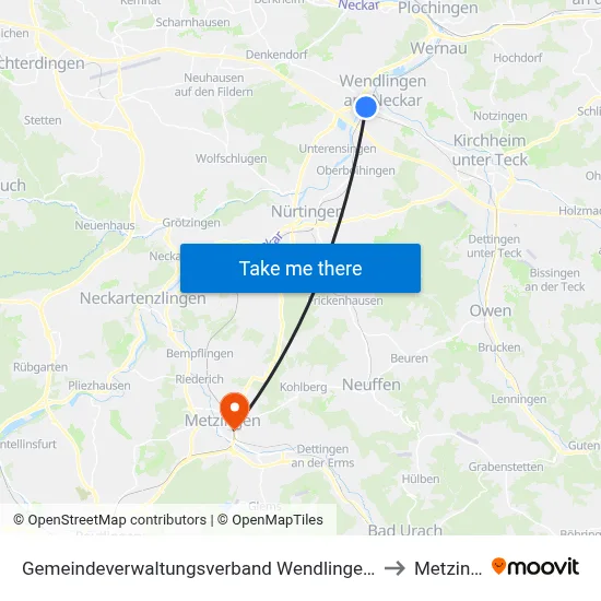 Gemeindeverwaltungsverband Wendlingen am Neckar to Metzingen map