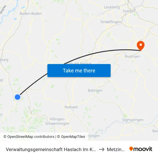 Verwaltungsgemeinschaft Haslach Im Kinzigtal to Metzingen map