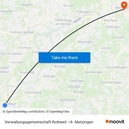Verwaltungsgemeinschaft Rottweil to Metzingen map