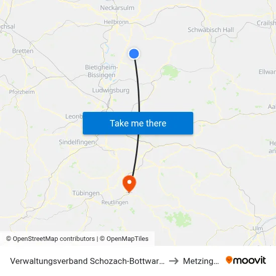 Verwaltungsverband Schozach-Bottwartal to Metzingen map