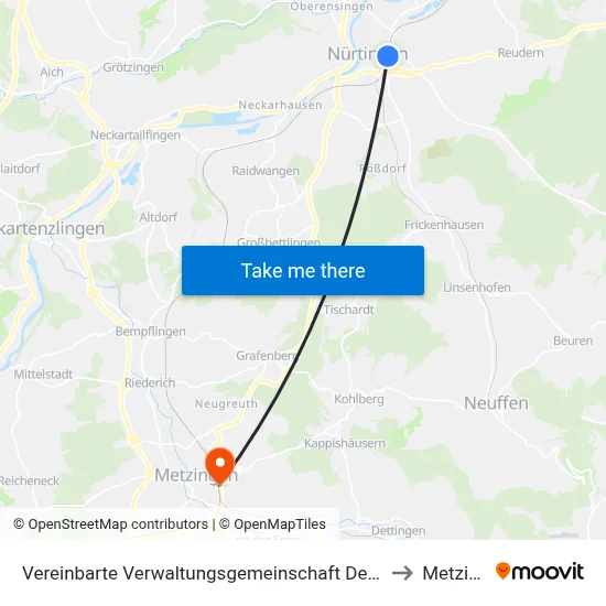 Vereinbarte Verwaltungsgemeinschaft Der Stadt Nürtingen to Metzingen map