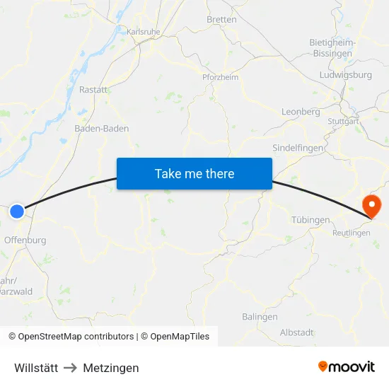 Willstätt to Metzingen map