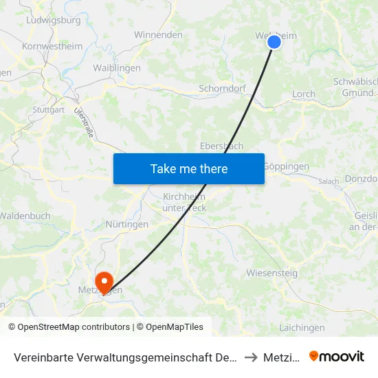 Vereinbarte Verwaltungsgemeinschaft Der Stadt Welzheim to Metzingen map