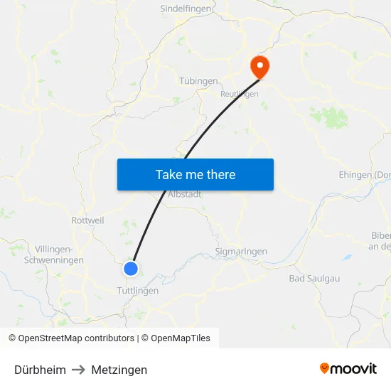 Dürbheim to Metzingen map