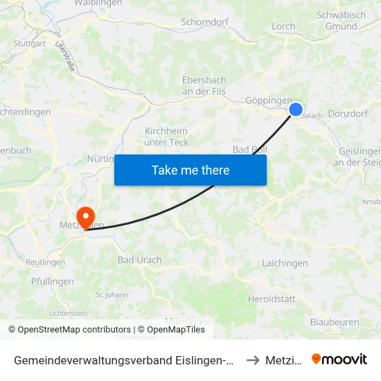Gemeindeverwaltungsverband Eislingen-Ottenbach-Salach to Metzingen map