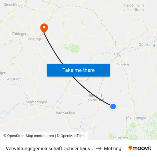 Verwaltungsgemeinschaft Ochsenhausen to Metzingen map