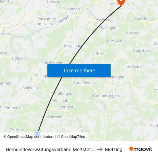 Gemeindeverwaltungsverband Meßstetten to Metzingen map