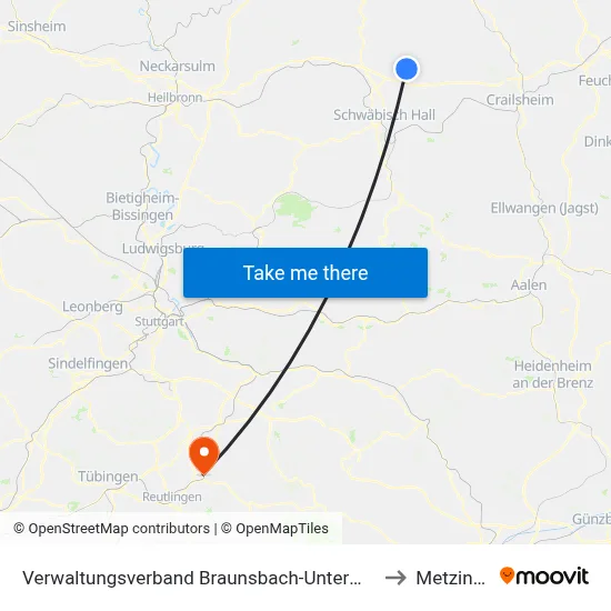 Verwaltungsverband Braunsbach-Untermünkheim to Metzingen map