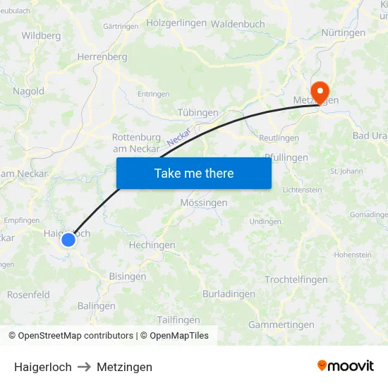 Haigerloch to Metzingen map