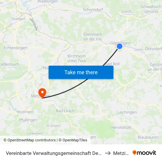 Vereinbarte Verwaltungsgemeinschaft Der Stadt Göppingen to Metzingen map