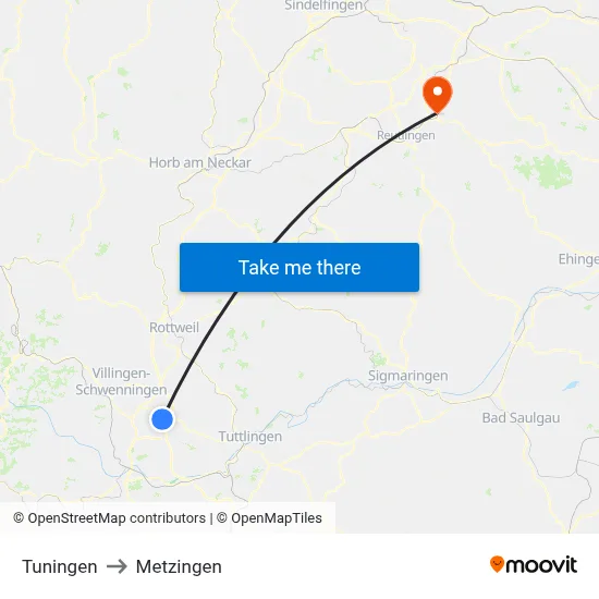 Tuningen to Metzingen map