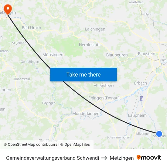 Gemeindeverwaltungsverband Schwendi to Metzingen map