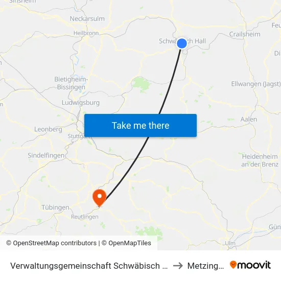 Verwaltungsgemeinschaft Schwäbisch Hall to Metzingen map