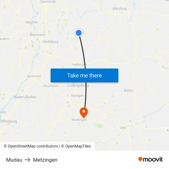 Mudau to Metzingen map