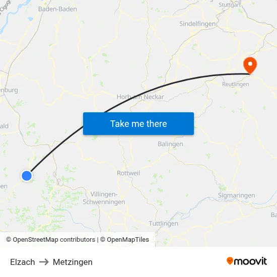 Elzach to Metzingen map