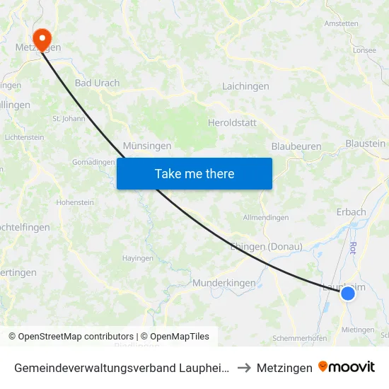 Gemeindeverwaltungsverband Laupheim to Metzingen map