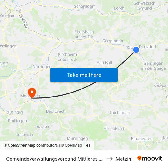 Gemeindeverwaltungsverband Mittleres Fils-Lautertal to Metzingen map