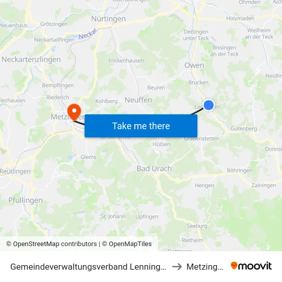 Gemeindeverwaltungsverband Lenningen to Metzingen map