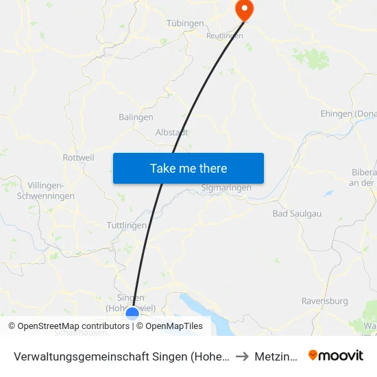 Verwaltungsgemeinschaft Singen (Hohentwiel) to Metzingen map