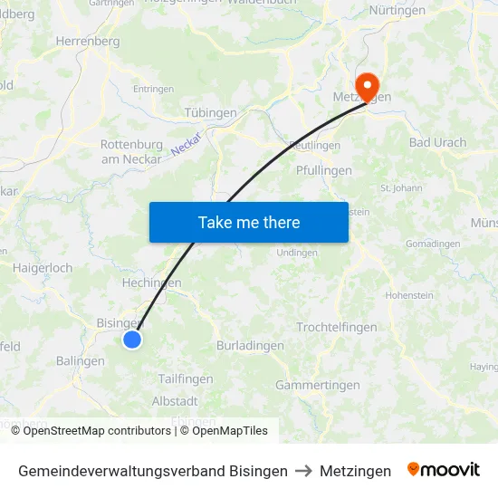 Gemeindeverwaltungsverband Bisingen to Metzingen map