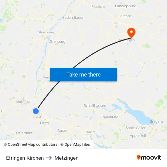 Efringen-Kirchen to Metzingen map