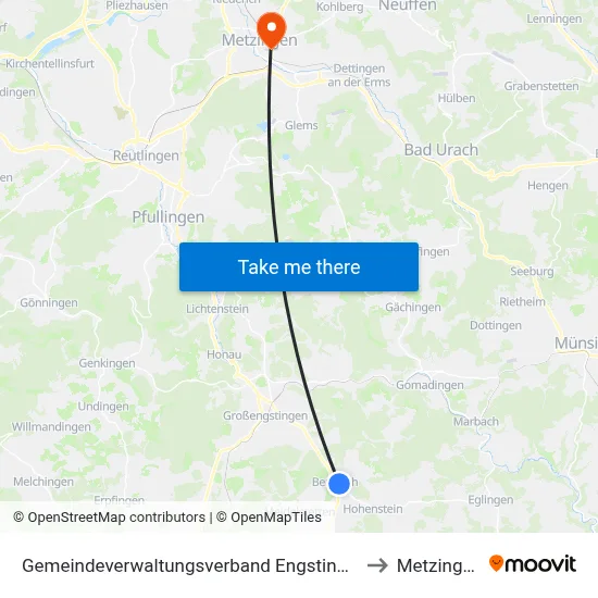 Gemeindeverwaltungsverband Engstingen to Metzingen map