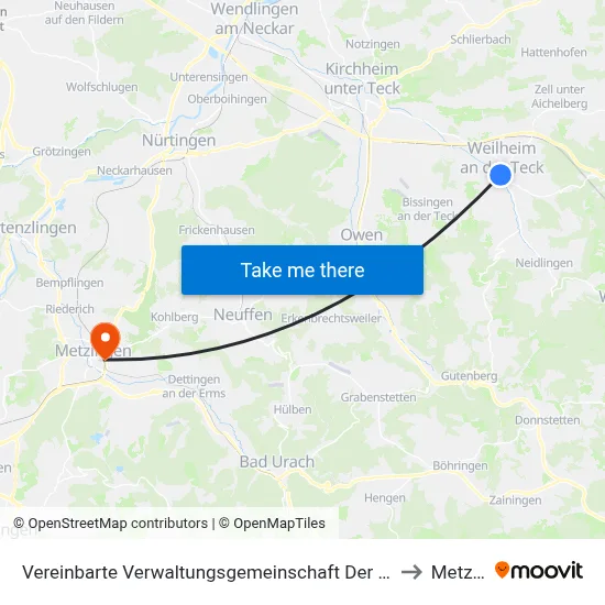 Vereinbarte Verwaltungsgemeinschaft Der Stadt Weilheim An Der Teck to Metzingen map