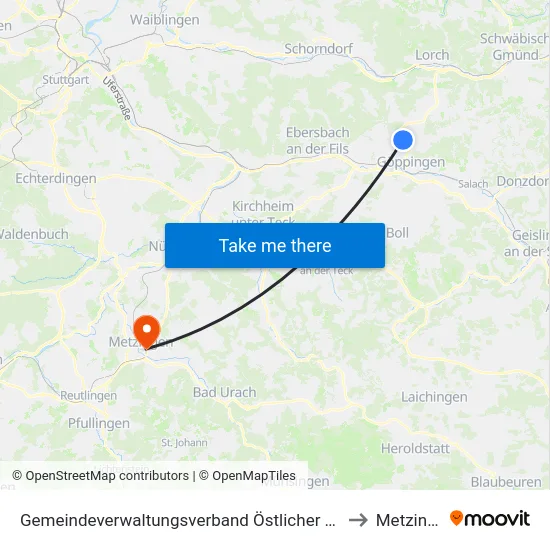 Gemeindeverwaltungsverband Östlicher Schurwald to Metzingen map