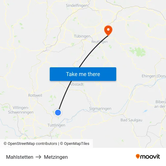Mahlstetten to Metzingen map