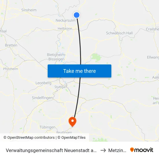 Verwaltungsgemeinschaft Neuenstadt am Kocher to Metzingen map