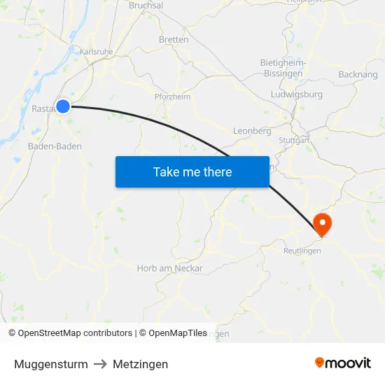 Muggensturm to Metzingen map