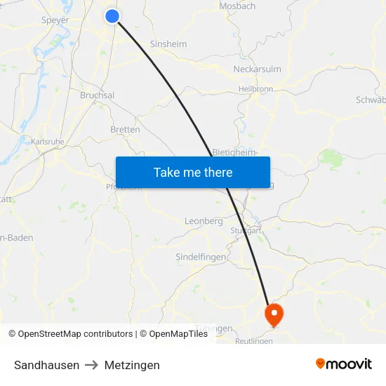 Sandhausen to Metzingen map