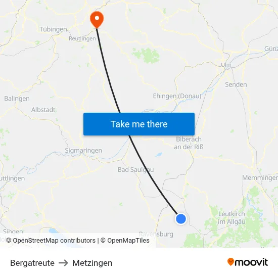 Bergatreute to Metzingen map