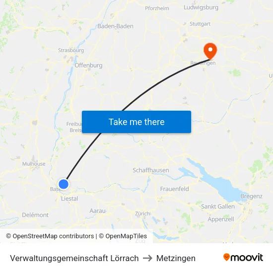 Verwaltungsgemeinschaft Lörrach to Metzingen map