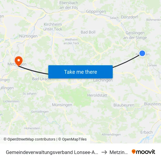 Gemeindeverwaltungsverband Lonsee-Amstetten to Metzingen map